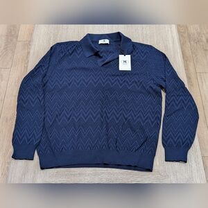 $860 Mens M Missoni Textured Chevron Johnny Collar LS Polo Shirt Blue XL